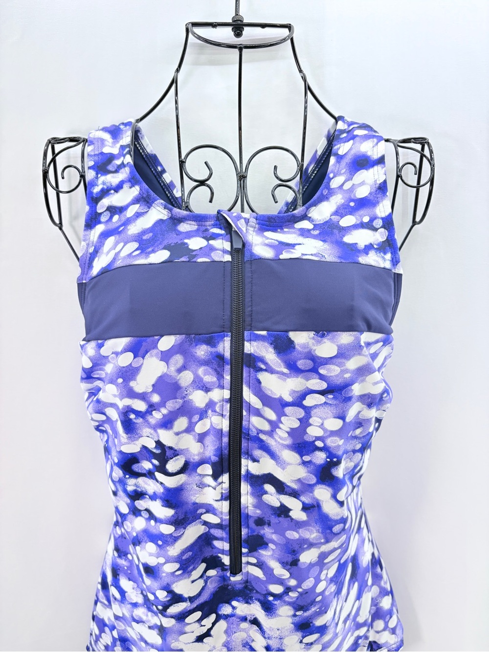 Lands' End Purple White Dotted Front-Zip Printed One-Piece Swimsuit Size M 10-12 - Picture 3 of 9